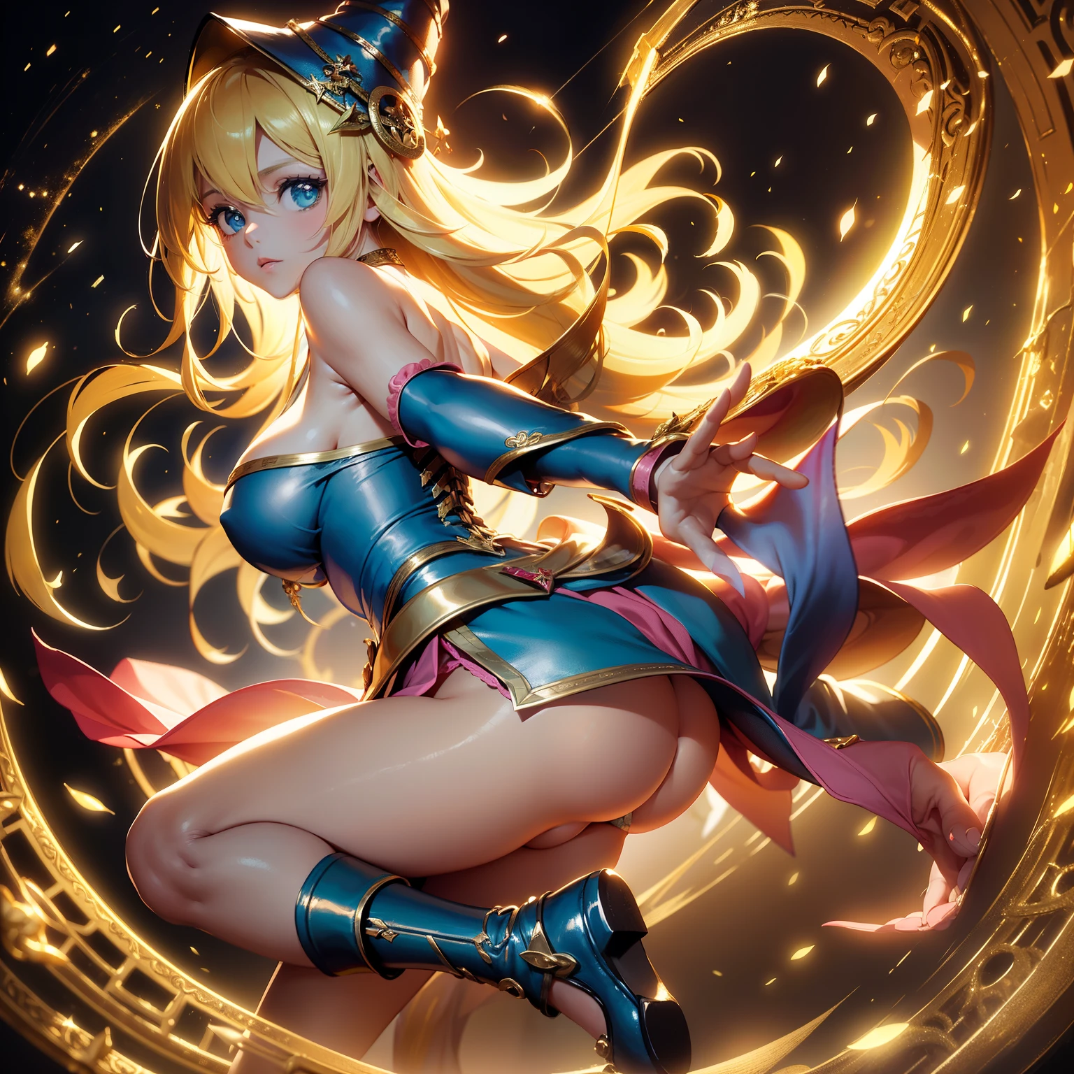(obra maestra、highest qualityr、Detalles intrincados、El ultra-detallado、Ultra calidad、high resolusion、Las mejores sombras、The best lighting、4k) Once palabras clave: El cabello es dorado Beautiful blonde Longevity and immortality Beautiful figure Outstanding skills Harmony with nature Noble culture Ancient races Fantasy works Role-playing games Beauty and elegance Dark wizard girl Magical talent Hembras una chica de belleza mistic Criaturas ficticias Vestidos transparentes antiguos The buttocks are seen through a cuatro patas emphasis on the buttocks Sit with a beautiful back Looking back. Dark magician girl en un paisaje chino