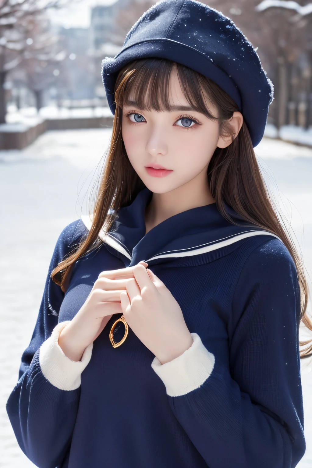 (Top resolution, Distinct_Image 1.2) 、(Beautiful girl with golden ratio face)、(very vivid eyes、wolf eye 1.2)、excellent, masutepiece, high detailing, lipgloss、Very beautiful girl、 Solo, Beautiful girl like a model、(muffler、Long-sleeved sailor suit)、(snow country、snowy background)