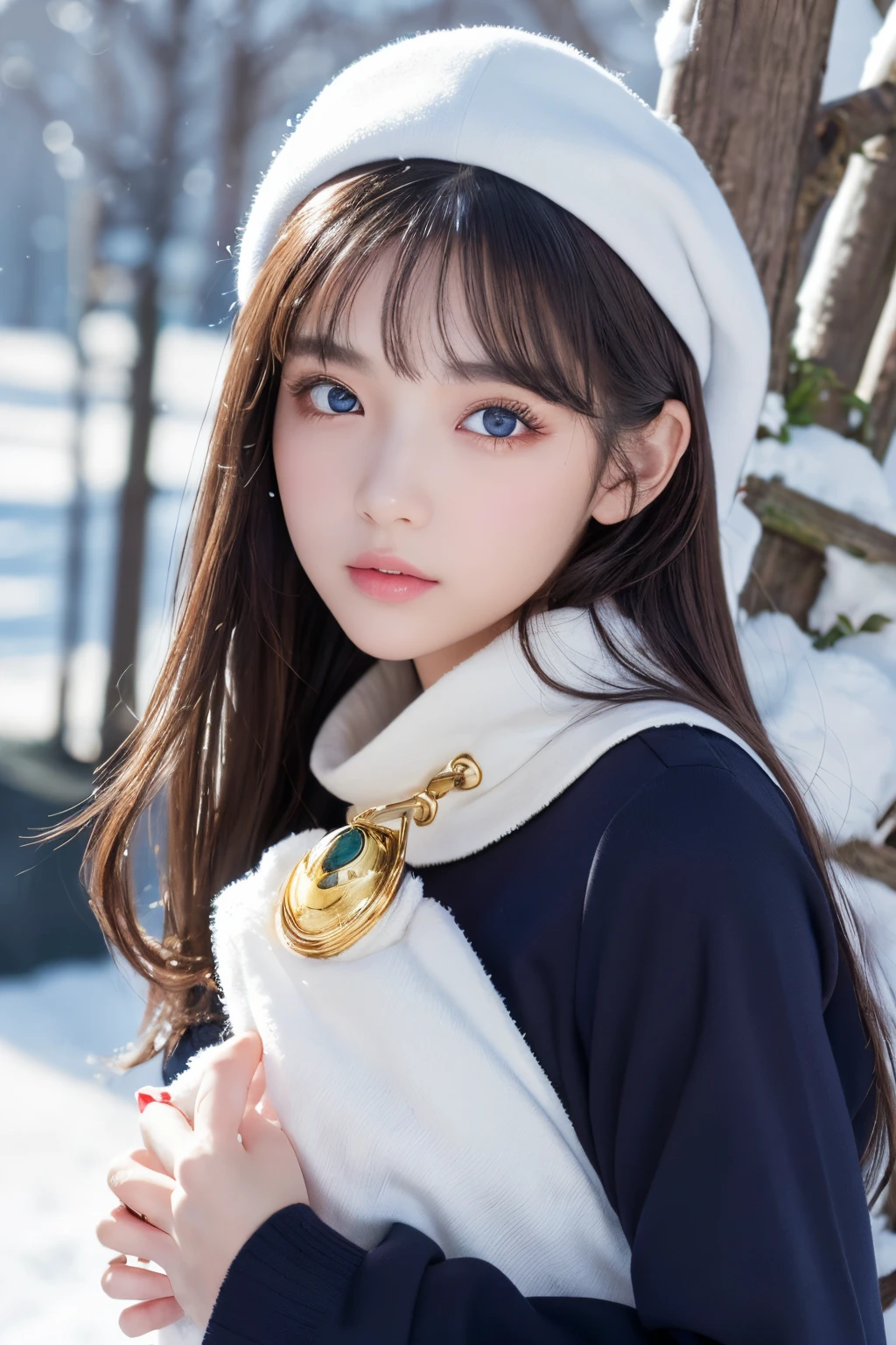 (Top resolution, Distinct_Image 1.2) 、(Beautiful girl with golden ratio face)、(very vivid eyes、wolf eye 1.2)、excellent, masutepiece, high detailing, lipgloss、Very beautiful girl、 Solo, Beautiful girl like a model、(muffler、Long-sleeved sailor suit)、(snow country、snowy background)