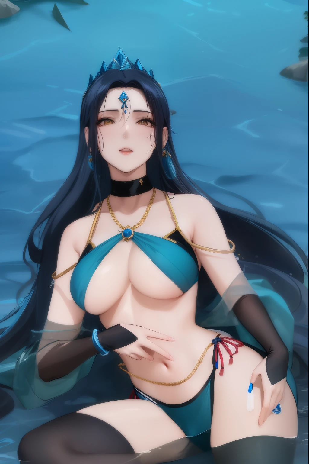 Chica de anime en bikini con una corona en la cabeza, asian female water elemental, goddess of the ocean, Reina del Mar Mu Yanling, Diosa del Mar, commission for high resolution, Hermosa y seductora mujer de anime, Marin Kitagawa Fanart, CEL - Estilo de arte sombreado, seductora chica de anime, escamas azules cubriendo su pecho, Nico Robin