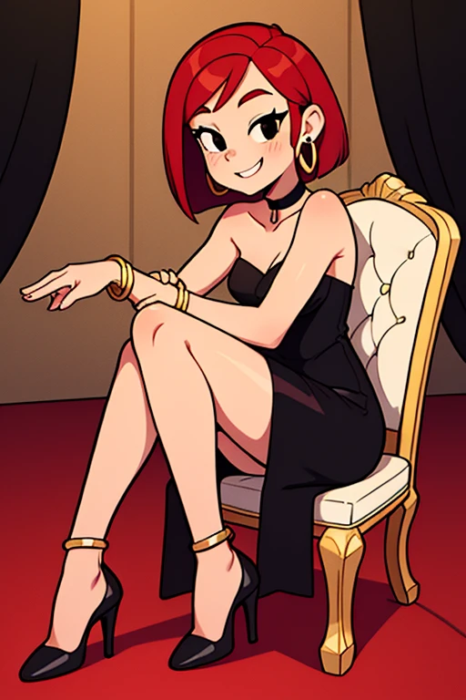 FrankieFoster, FostersStyle, 1 girl, teenage, short red hair, medium hair, bob hair, black eyes, smile, little black dress, strapless dress, skin-tight dress, choker, gold hoop earrings, gold bracelet, black high heels, fancy hotel, sitting pose, on a chair.