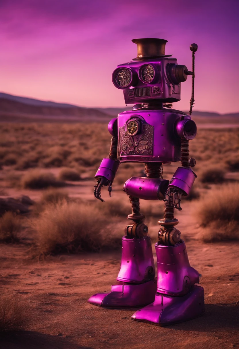 Steampunk pink robot cowboy robot standing in a desolate wasteland, with a weary expression on its face. In the distance, a large, concave dark marshmallow looms, emitting an eerie glow. The robot's cowboy hat is slightly askew, and its metallic body bears scars and scratches from past battles. The sky above is a deep purple, reflecting off the robot's shiny surface. The scene is both whimsical and unsettling, with a touch of dark humor.
lost in landscape at dawn