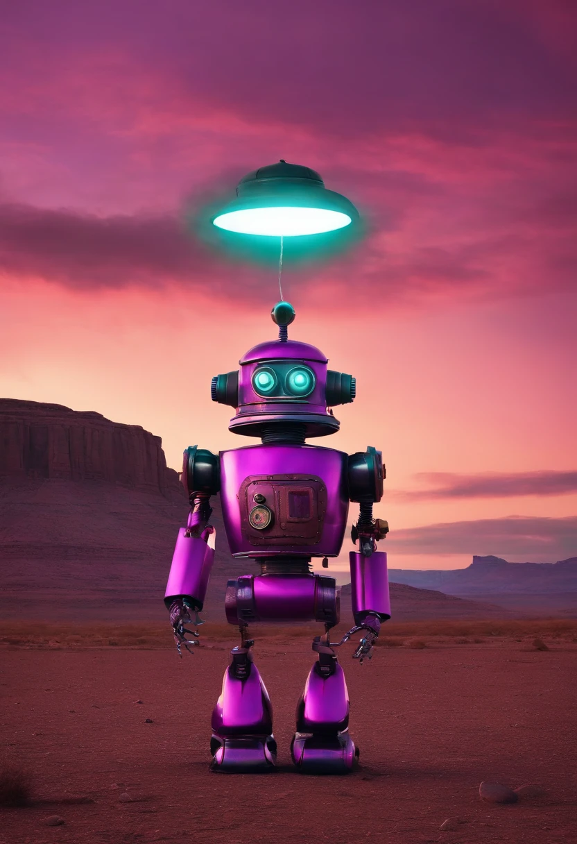 Steampunk pink robot cowboy robot standing in a desolate wasteland, with a weary expression on its face. In the distance, a large, concave dark marshmallow looms, emitting an eerie glow. The robot's cowboy hat is slightly askew, and its metallic body bears scars and scratches from past battles. The sky above is a deep purple, reflecting off the robot's shiny surface. The scene is both whimsical and unsettling, with a touch of dark humor.
lost in landscape at dawn