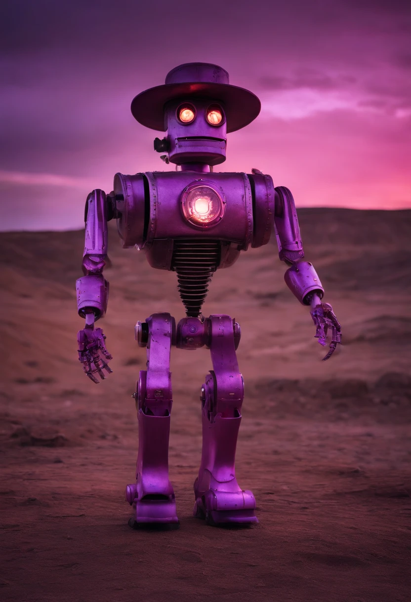 Steampunk pink robot cowboy robot standing in a desolate wasteland, with a weary expression on its face. In the distance, a large, concave dark marshmallow looms, emitting an eerie glow. The robot's cowboy hat is slightly askew, and its metallic body bears scars and scratches from past battles. The sky above is a deep purple, reflecting off the robot's shiny surface. The scene is both whimsical and unsettling, with a touch of dark humor.
lost in landscape at dawn