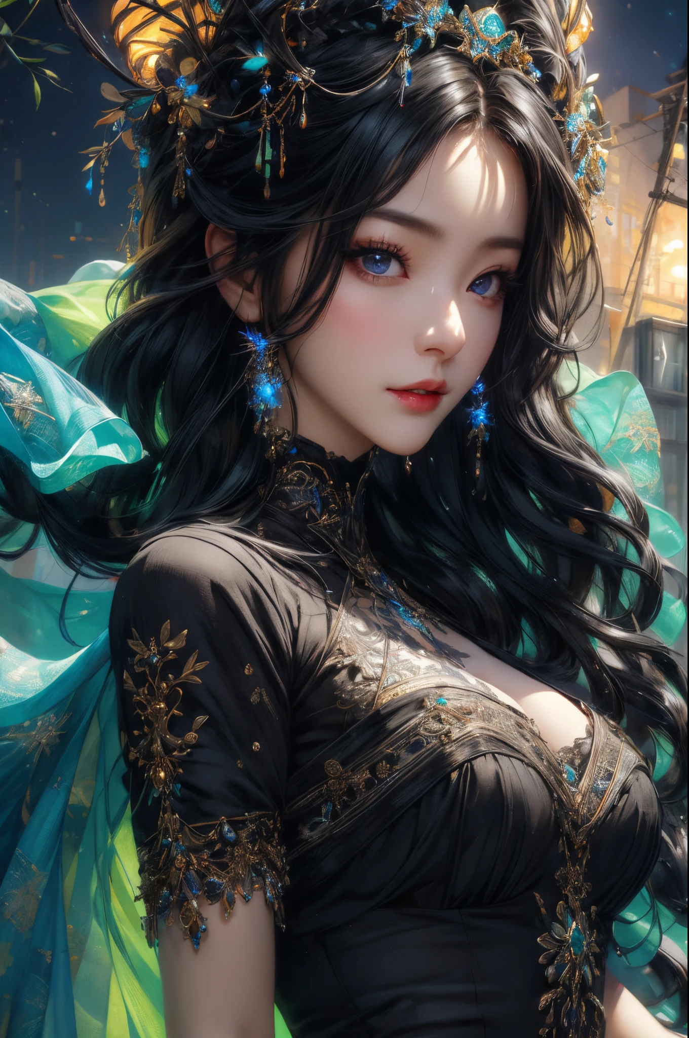 A girl，cute big breasts，Incredibly detailed, A high resolution, Best quality, tmasterpiece: 1.2, actual, 詳細な目, detailed lips, Extremely detailed eyes and face, Long eyelashes,black hair color hair，black dress portrait, oil painted, kosmos, welcoming, Particle, The halo, Bio-luminescence: 0.95, A vibrant one, Colorful, glowing, complex composition, 电影灯光, Complex, Symmetrical: 0.5, Surreal.