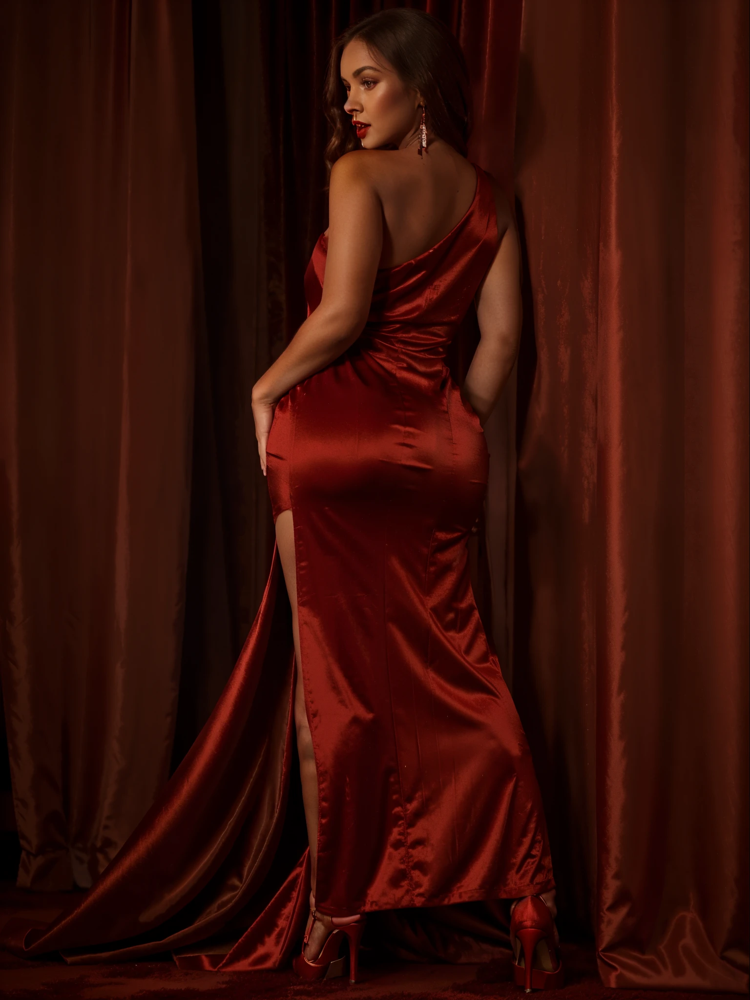 super realistic, high detail, masterpiece, 8K, a beautiful Muslim woman with a Korean face, wearing a long red dress with a red hijab, a beautiful slender body, standing facing forward, beautiful body curves are enchanting, very detailed, very clear, with blue lighting, high-level camera, aesthetic, studio background, full HD.