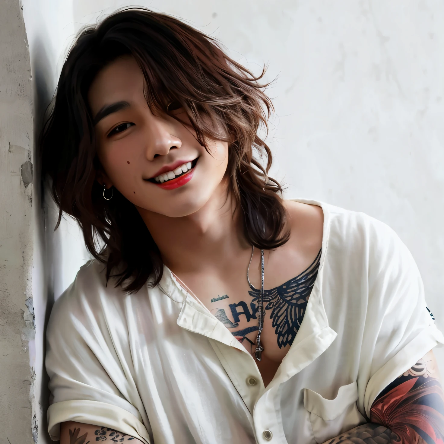 homem arafiado com tatuagens e uma camisa branca encostado na parede, TaeJune Kim, Takahashi Macoto, Hyung Tae, Jinyoung Canela, Steven Jung, handsome japanese demon boy, Hyung Tae Kim, Gregg Araki, foto de breeze kaze, Keita Morimoto, Hyung - Tae Kim, Hyung-tae Kim, Artista coreano, Nishihara Isao, Jeon jungkook.