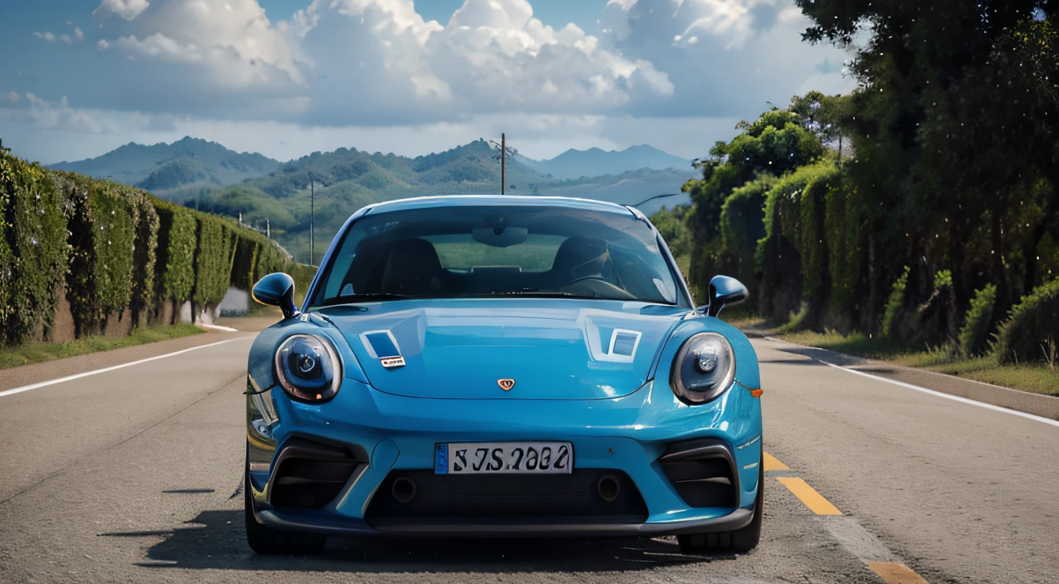 obra-prima, melhor qualidade, arte oficial, extremamente detalhado CG unidade de papel de parede 8k, illustration, dia, nublado, heaven, beautiful detailed sky, luz, 1car, (carro: 1), motor vehicle, ground vehicle, carro esportivo, Porsche carrera , GTR, carro azul, Vehicle focus, estrada, necessidade de velocidade, movendo-se, molhado,
