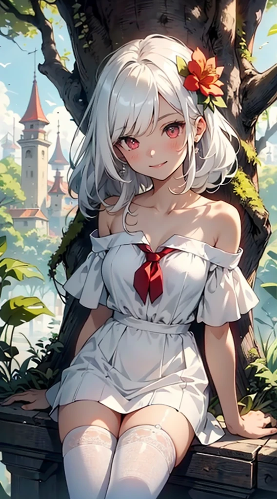 masterpiece,1girl,solo,((in_tree)),white_hair,long_hair,white_dress,collarbone,mole_under_eyes,light_smile,school_uniform,white_legwear,medium_breasts,off_shoulder,falling_leaf.flower,hair_ornament,red eyes