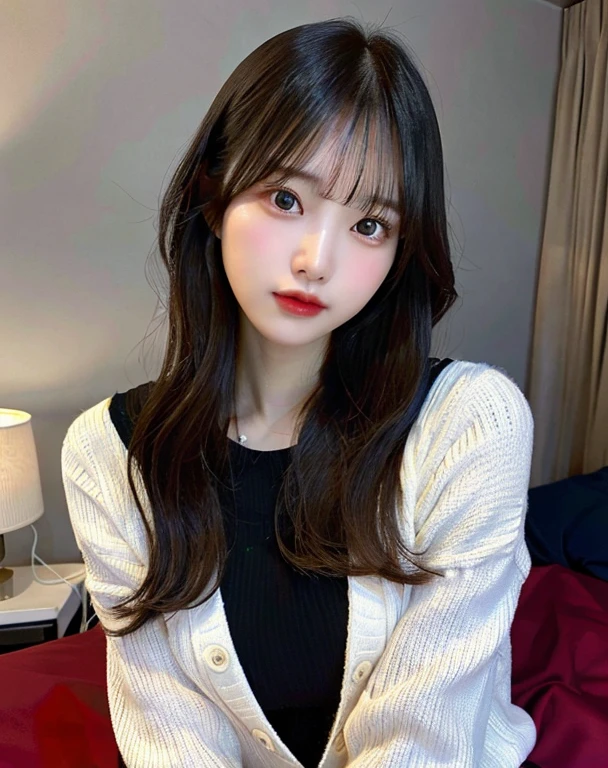 masterpiece, 4k, flat color, Depth of the bounds written, girl with lens flare 1, brown hair, looking at the audience, interior, bedroom, big and full breasts, sweating, black pants, black hoodie, sight, small face, bangs.