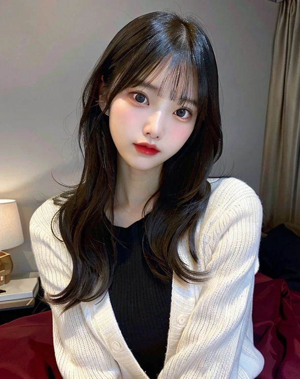 one japanese girl,perfect eyes,Long black hair,bangs through eyes,Warm lips,slender figures,smallunderboob,Wear dark blue clothing,The background is in bed,Front view,Front Shooting, A high resolution, 8k wallpaper, Perfect dynamic composition,tmasterpiece, Best quality at best, illustratio, ultra - detailed, finely detailled, A high resolution, 8k wallpaper,