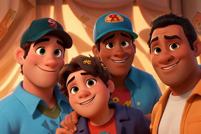 4 Homens, sendo o primeiro de pele negra o segundo baixo terceiro pele amarela o quarto gordo, estilo Disney pixar