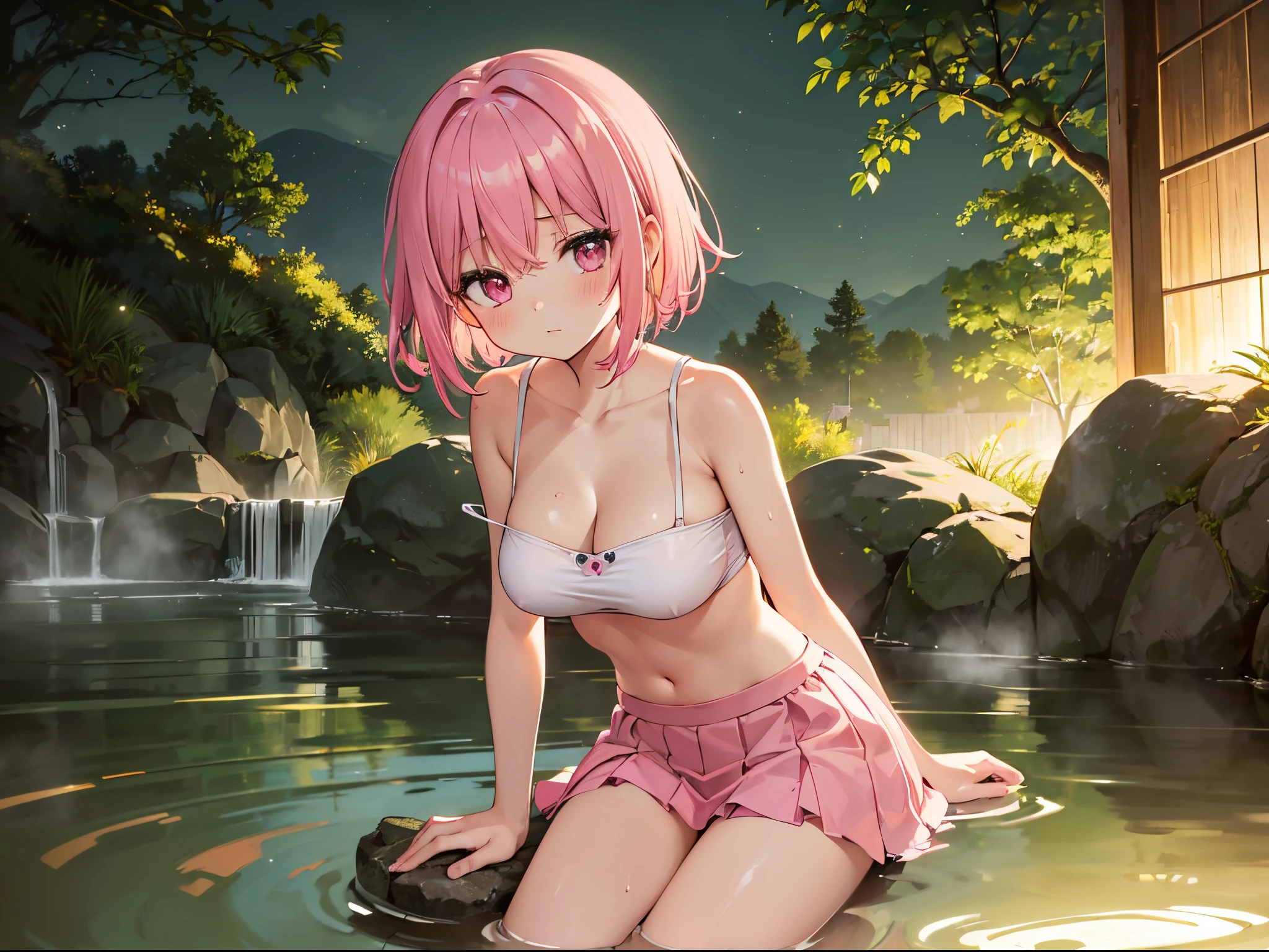 Ultra high quality，4K，extremy detailed，((an Quority))Sit on the edge of the hot spring((Pink hair))((Pink hair))((Pink hair))((Pink hair))((Short shoulder-length hair))of maidens，Pink eyes，((((green color)))((green color，green color，green color))swim skirt，dressed in((Pink big breasts))'s((Harnes))tight top，the night，the night，Hot springs at night，(((dimly lit)))environment，(((Contre-Jour)))，Warm tones of light，Homely atmosphere，Cinematic lighting