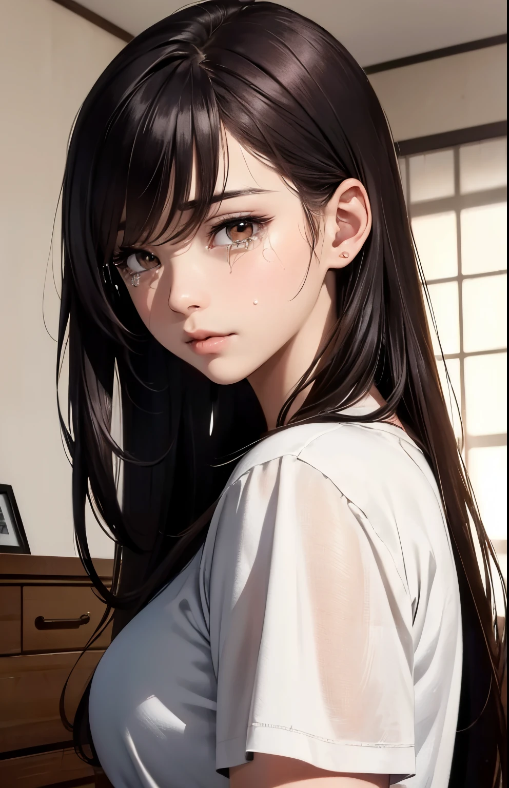 (masterpiece: 1.3), BREAK, absurderes, top-quality、hight resolution, ((((dark, dramatic room, bedroom)))), High-quality images、8K, 1 woman、skin gloss、Texture of skin and clothing、Detailed eye expression、Lustrous hair, girl with long brown hair, Manga inspired by Lee Jong-suk, trending on deviantart, Realism, detailed manga style, manga art style, perfect lineart, beautiful line art, digital manga art girl, kpop idol, detailed brown eyes, plump lips, detailed gorgeous face, face focus, ((from sideview)), (perfectly detailed face), (well detailed hand), natural cheeks, glowing skin, turgid breasts, photorealistic image, depth of field, japanese hime cut hairstyle, ((looking at the floor, hands on thigh)), (wearing t shirt, casual clothes), (((crying, tearing up, lonely, intense emotion)))