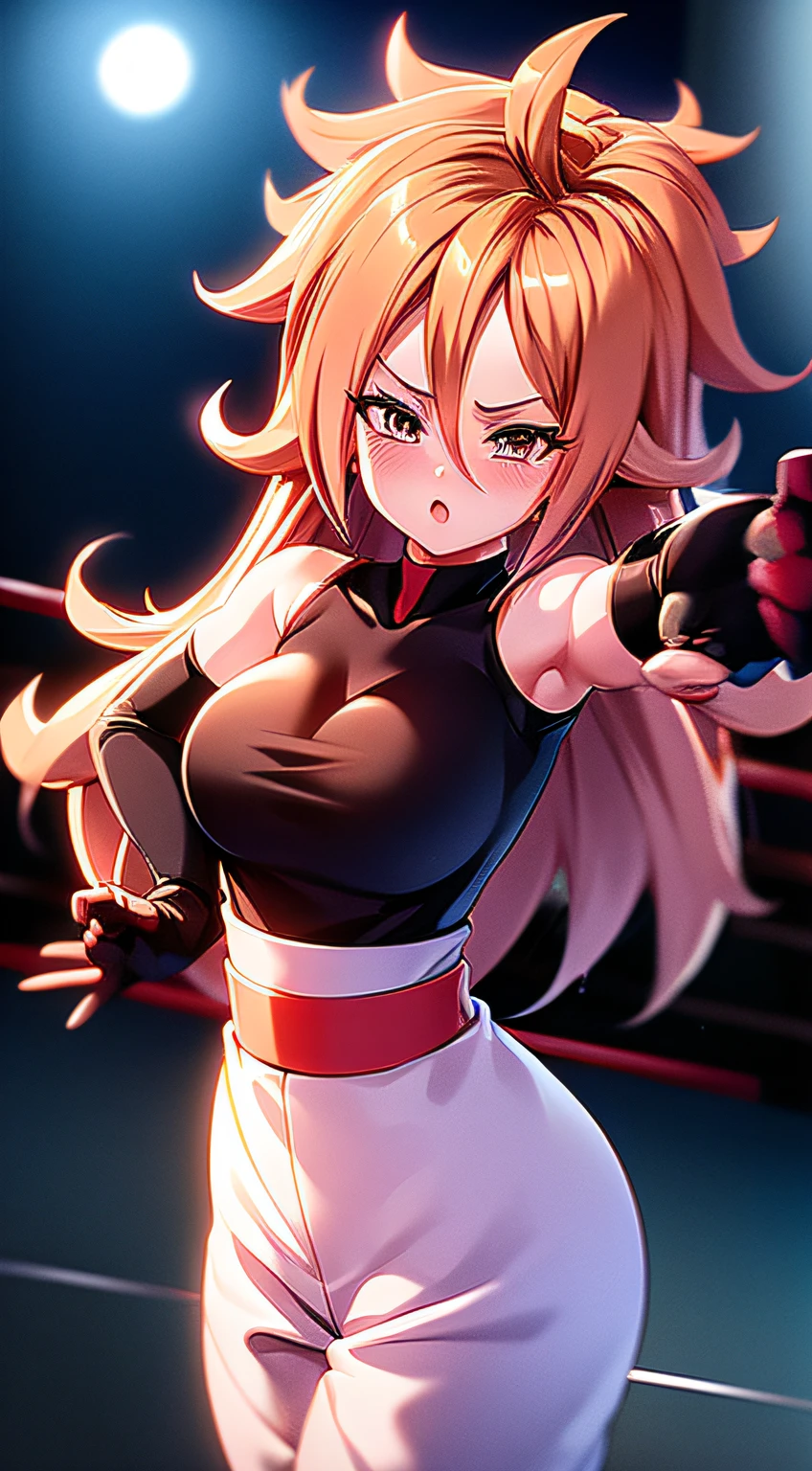 Android 21, hd, 4k, blushing, fighting pose, sexy body, white shirt, short black pants, short black gloves, boxing ring stage at night