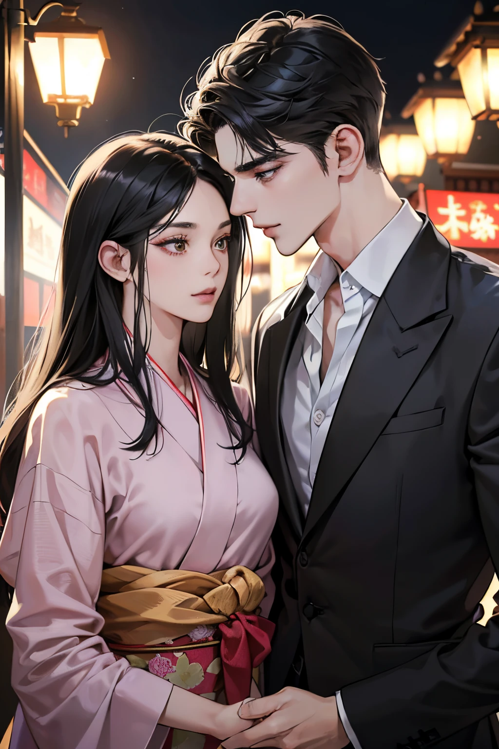 (masutepiece, Digital Art, Digital Illustration, 4K, 8K, Ultra-detailed, beautiful image, Sharp Image, Photorealistic, Raw photo, Perfect face, Perfect lines, Perfect eyes, Soft lighting) 1 woman, (Long Black Hair,straight haired,Bullish gaze,Beautie,Solid makeup,femele,small tits:1.3),Two handsome men in suits, (ember,Men in suits,well-muscled,Firm shoulder width,Adult male,Boyish hairstyle,English gentlemanly style,Man in his 30s with a cool expression,28-year-old man with bright smile:1.2),Japanese traditional night kimono、Fireworks Festival、Cute yukata、Uchiwa、kiss、a couple、couple kissing、Romance、ssex、have sex、