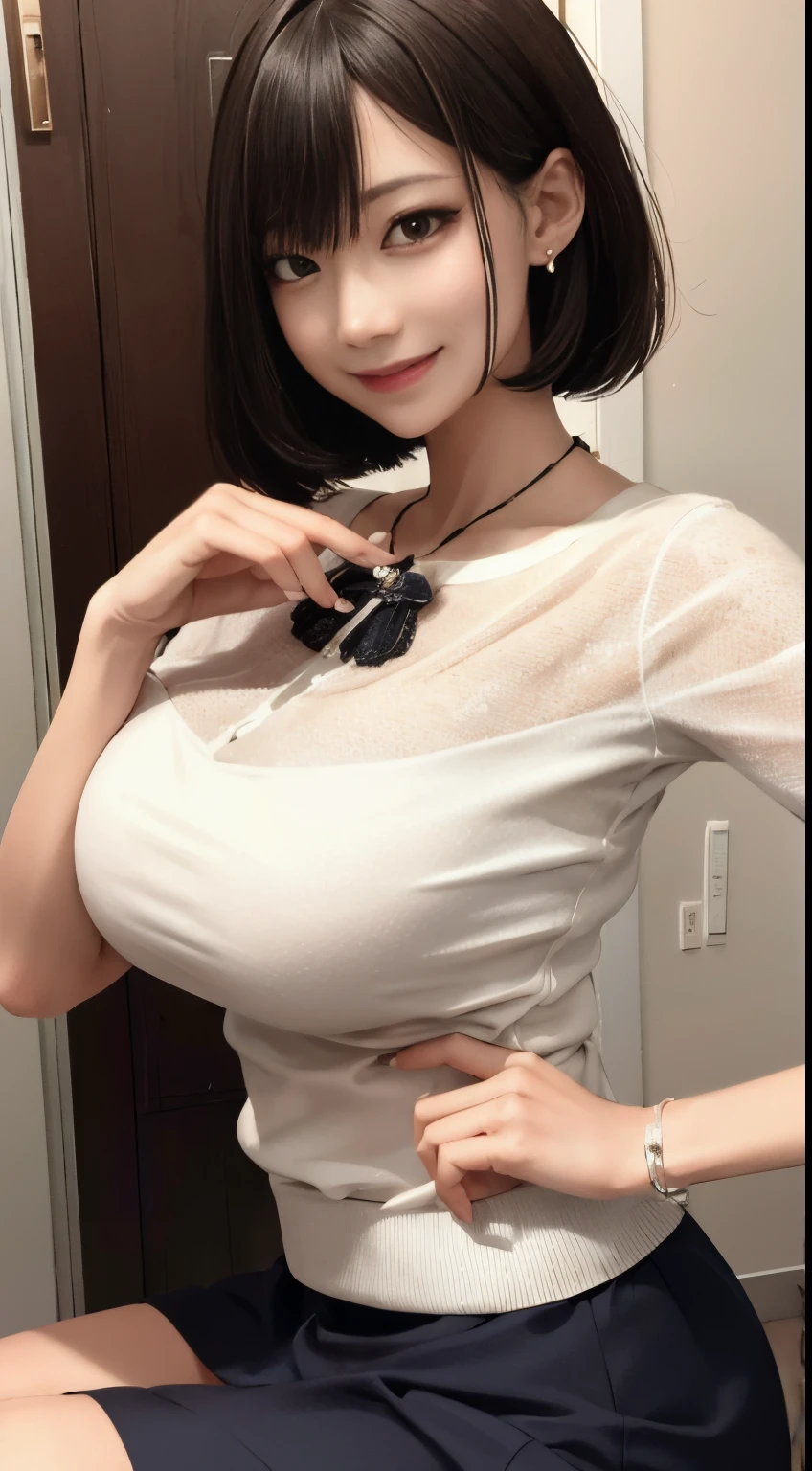 (masutepiece:1.2, Best Quality), (real picture, Intricate details), 1lady, Solo, Upper body,  Natural fabrics, Close-up Face, Grinning smile, Big breasts, Big butt, Skirt.