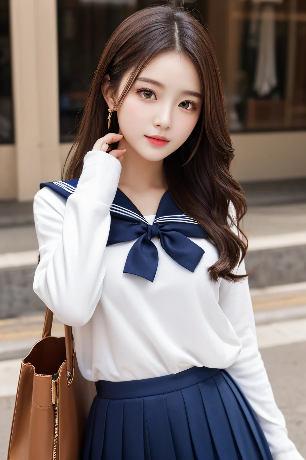 (Top resolution, Distinct_Image 1.2) 、(Beautiful girl with golden ratio face)、(very vivid eyes、earth eye 3.5)、excellent, masutepiece, high detailing, lipgloss、Very beautiful girl、 Solo, Beautiful girl like a model、(long sleeve sailor pleated skirt)