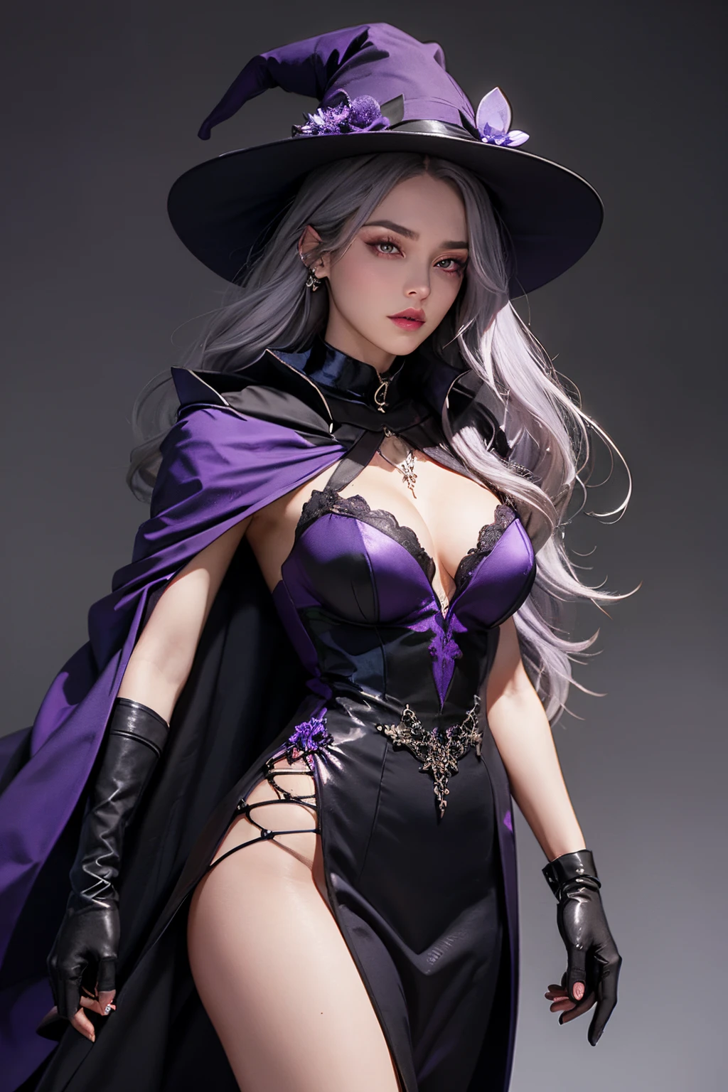 Female sorceress,grey hair,long hair,black and dark violet hat,purple eye,dark violet collar,black shoulder cloak,black and dark violet and purple dress and gloves