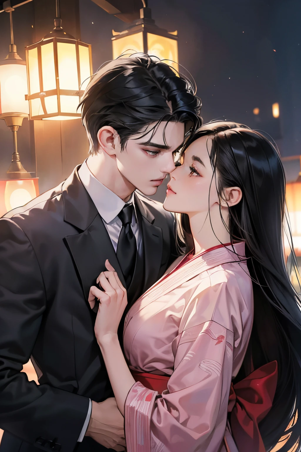 (masutepiece, Digital Art, Digital Illustration, 4K, 8K, Ultra-detailed, beautiful image, Sharp Image, Photorealistic, Raw photo, Perfect face, Perfect lines, Perfect eyes, Soft lighting) 1 woman, (Long Black Hair,straight haired,Bullish gaze,Beautie,Solid makeup,femele,small tits:1.3),Two handsome men in suits, (ember,Men in suits,well-muscled,Firm shoulder width,Adult male,Boyish hairstyle,English gentlemanly style,Man in his 30s with a cool expression,28-year-old man with bright smile:1.2),Japanese traditional night kimono、Fireworks Festival、Cute yukata、Uchiwa、kiss、a couple、couple kissing、Romance、ssex、have sex、