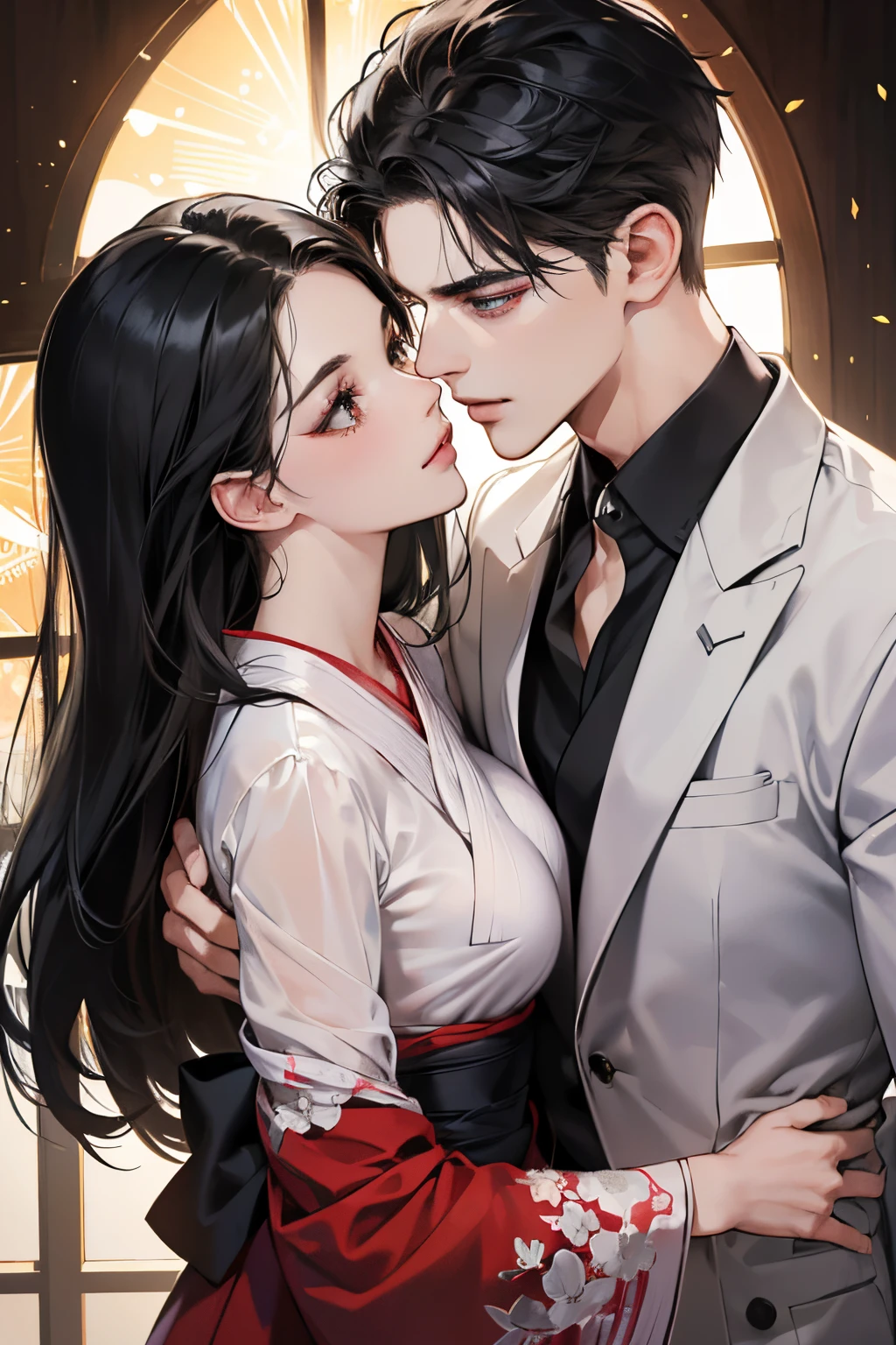 (masutepiece, Digital Art, Digital Illustration, 4K, 8K, Ultra-detailed, beautiful image, Sharp Image, Photorealistic, Raw photo, Perfect face, Perfect lines, Perfect eyes, Soft lighting) 1 woman, (Long Black Hair,straight haired,Bullish gaze,Beautie,Solid makeup,femele,small tits:1.3),Two handsome men in suits, (ember,Men in suits,well-muscled,Firm shoulder width,Adult male,Boyish hairstyle,English gentlemanly style,Man in his 30s with a cool expression,28-year-old man with bright smile:1.2),Japanese traditional night kimono、Fireworks Festival、Cute yukata、Uchiwa、kiss、a couple、couple kissing、Romance、ssex、have sex、
