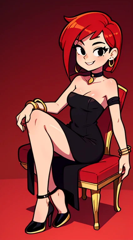 FrankieFoster, FostersStyle, 1 girl, teenage, short red hair, medium hair, bob hair, black eyes, smile, little black dress, strapless dress, bodycon skin-tight dress, choker, gold hoop earrings, gold bracelet, black high heels, fancy hotel, sitting pose, on a chair.