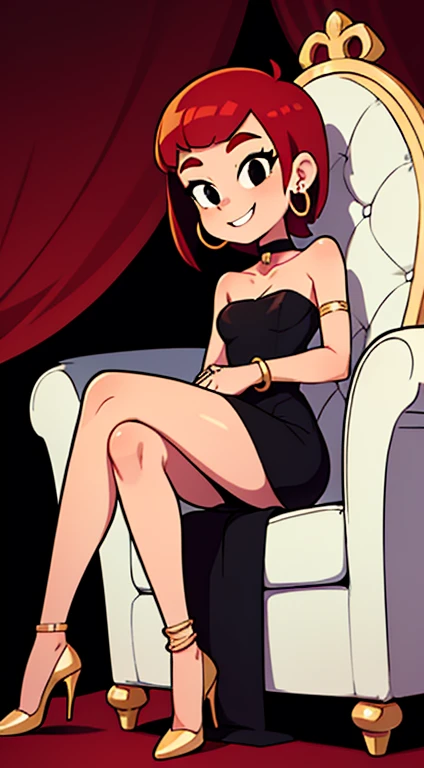 FrankieFoster, FostersStyle, 1 girl, teenage, short red hair, medium hair, bob hair, black eyes, smile, little black dress, strapless dress, bodycon skin-tight dress, choker, gold hoop earrings, gold bracelet, black high heels, fancy hotel, sitting pose, on a chair.