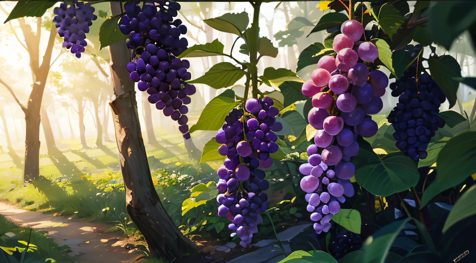 grapevine, Purple grapes, grape trees, the woods, Beautiful woods, rays of sunshine, cinematic lighting, depth of field, UHD, masterpiece, high quality, high details, best quality