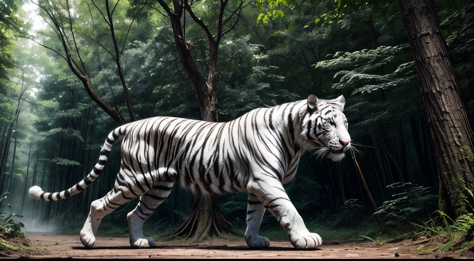 white tiger in a forest, full body shot