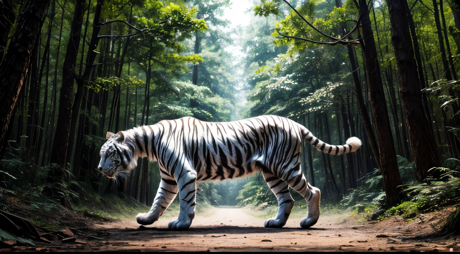 white tiger in a forest, full body shot