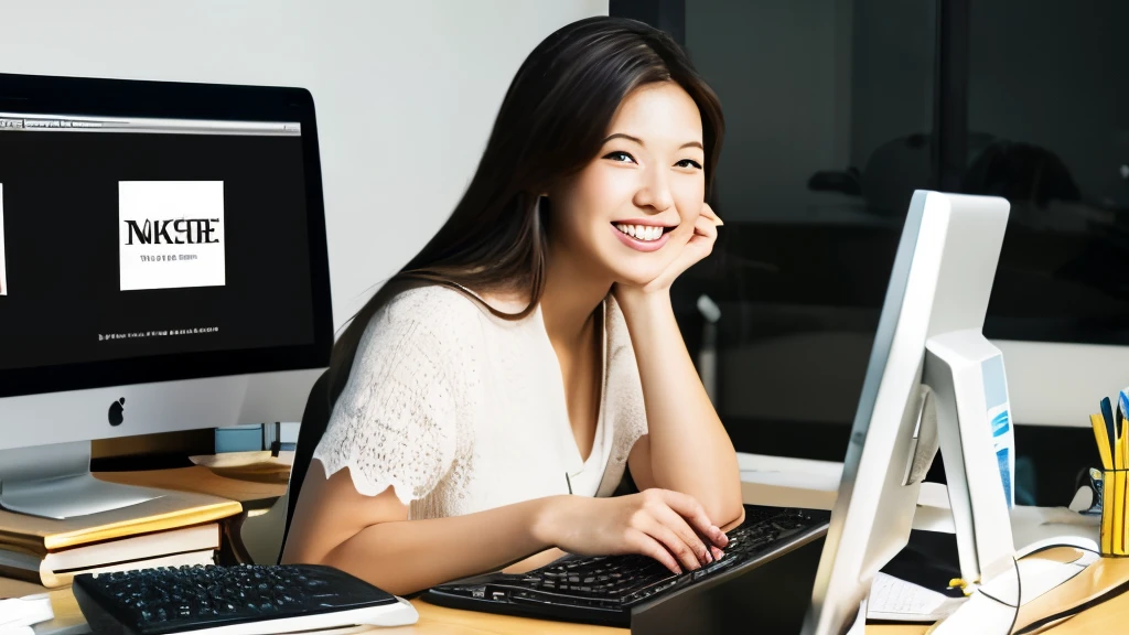 A female web designer is sitting at her desk in the office, looking towards me and smiling。A WordPress site is displayed on the PC display on the desk.。