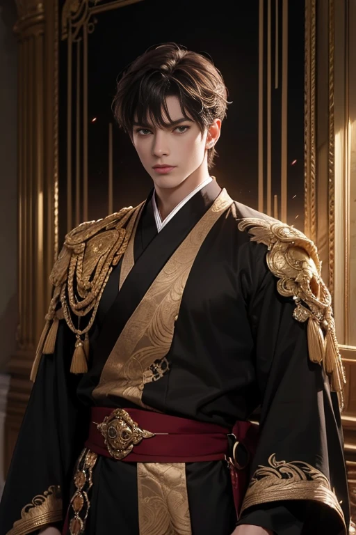 "Dark and epic atmosphere. mature male，with short brown hair, figure eight bangs，sharp golden eyes,He exudes the majesty of an emperor."Elegant details of the dress，Hisui，Topaz，super ! He is with his friend  !