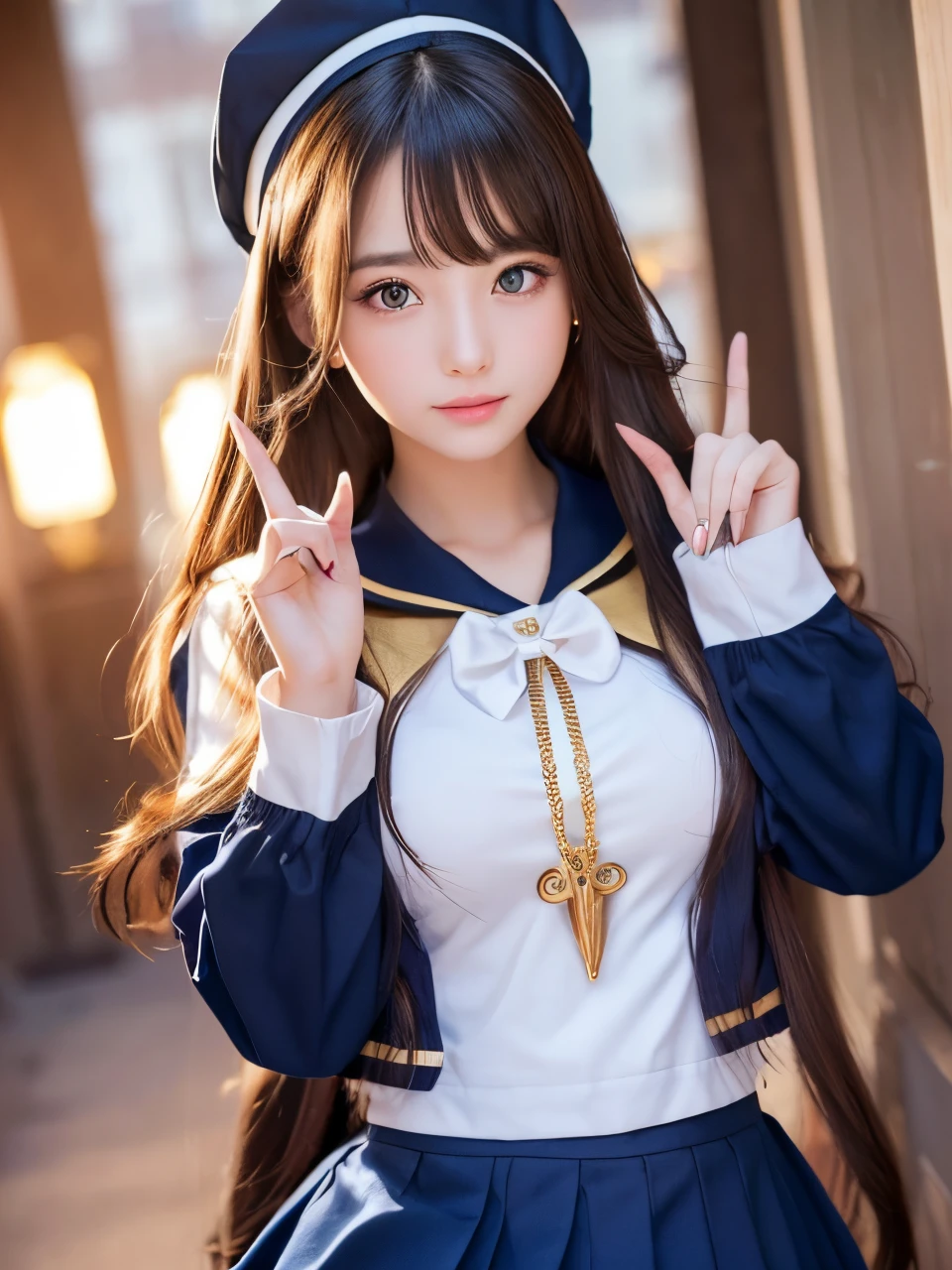 (Top resolution, Distinct_Image 1.2) 、(Beautiful girl with golden ratio face)、(very vivid eyes、wolf eyes 1.2)、excellent, masutepiece, high detailing, lipgloss、Very beautiful girl、 Solo, Beautiful girl like a model、(Long-sleeved sailor suit、pleatedskirt)