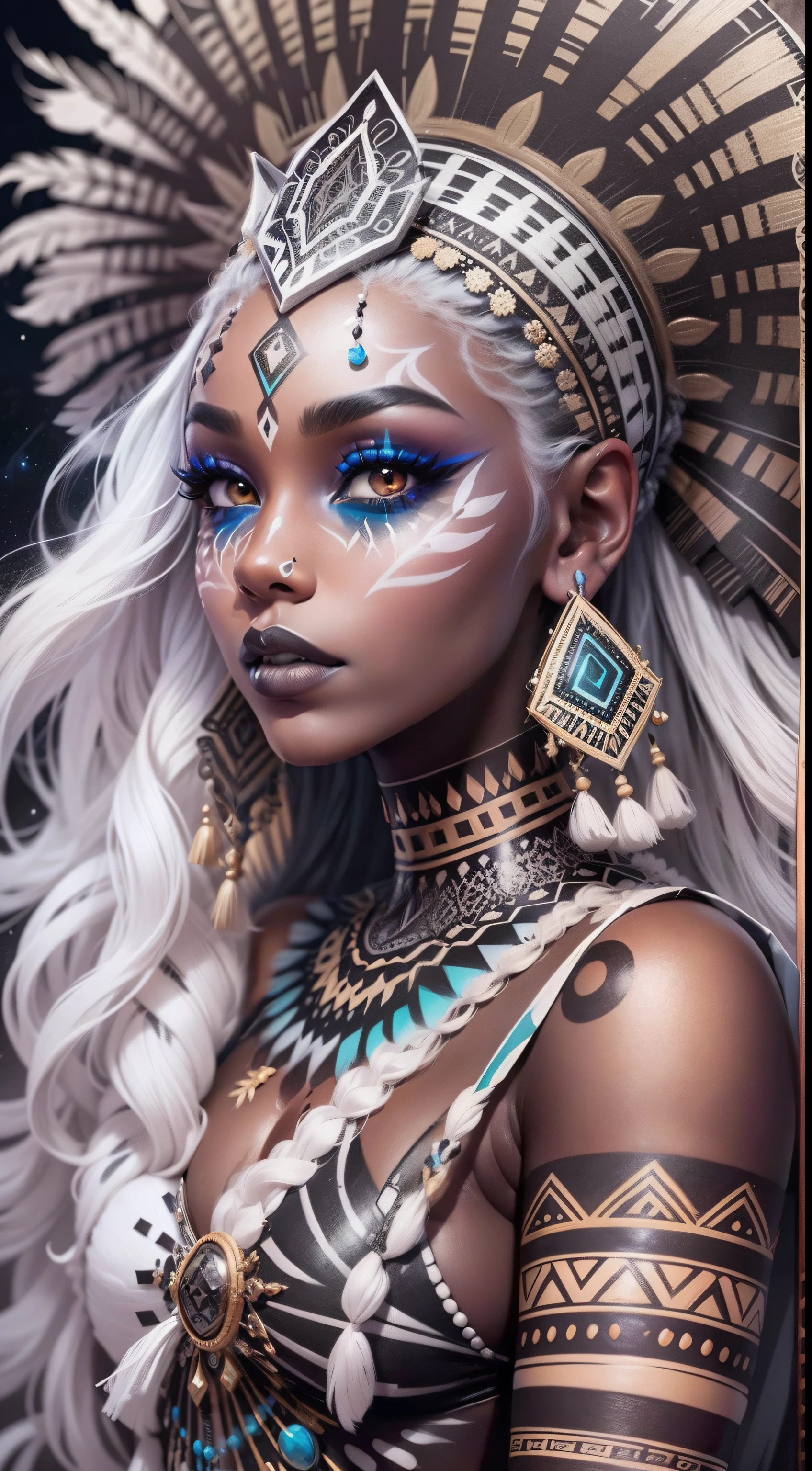 colouring book page, black and white, 32k, full body view, very beautiful tribal brown skin girl with excessive intricately detailed vivdly colorful facepaint bodypaint makeup, stunning radiant eyes, gorgeous white hair with highlights, magical night sky background