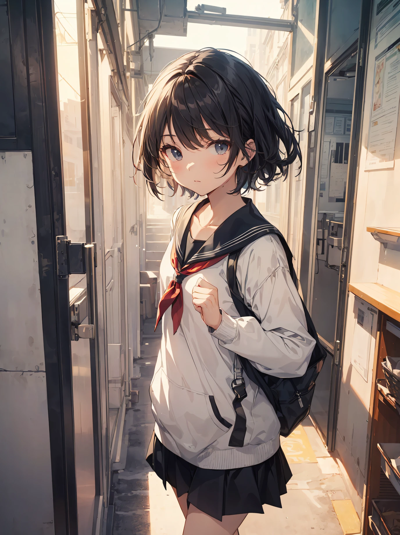 divine quality, anime moe art style,Best Anime 8K Konachan Wallpapers,Badass Anime 8K,Perfect Anatomy, (Draw a girl sleepily walking to school. ),BREAK, 1girl in, (Solo,Lori,child,13years:1.3),High school students, Very short hair,Parted bangs,(Hair over one eye), Full limbs, complete fingers,medium breasts, groin, Small eyes,Precise black eyes, hair clips, School uniform, On the way to school. BREAK,Ultra-detailed,High resolution,super detailed skin, Professional Lighting,8k eye details, (Cute illustration:1.2),