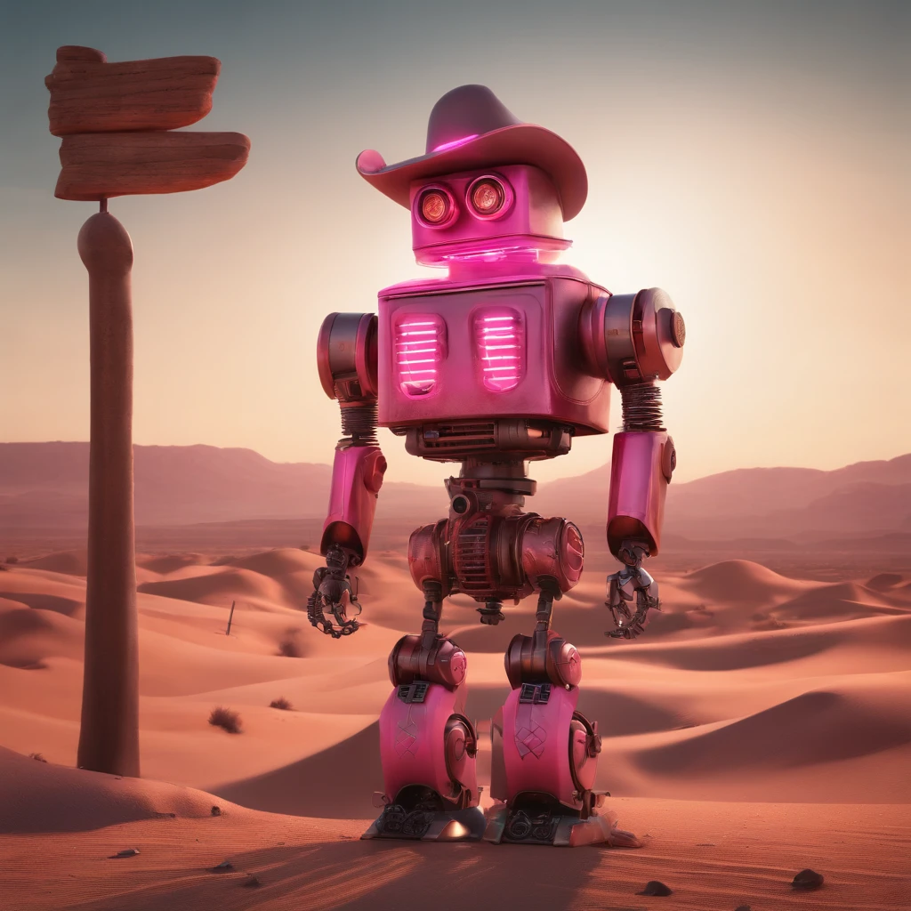 A pink robot wearing a cowboy hat and a bandana, standing in a desert wasteland with a dark, concave marshmallow in the distance. The robot is surrounded by neon lights and a post-apocalyptic landscape, with elements of steampunk and futuristic technology. The robot's expression is curious and intrigued as it peers at the mysterious marshmallow. The overall style is hyper-detailed and digitally rendered, with a cinematic lighting effect. This piece is trending on Artstation and is a collaboration between artists Adam Burn and Anna Dittmann.