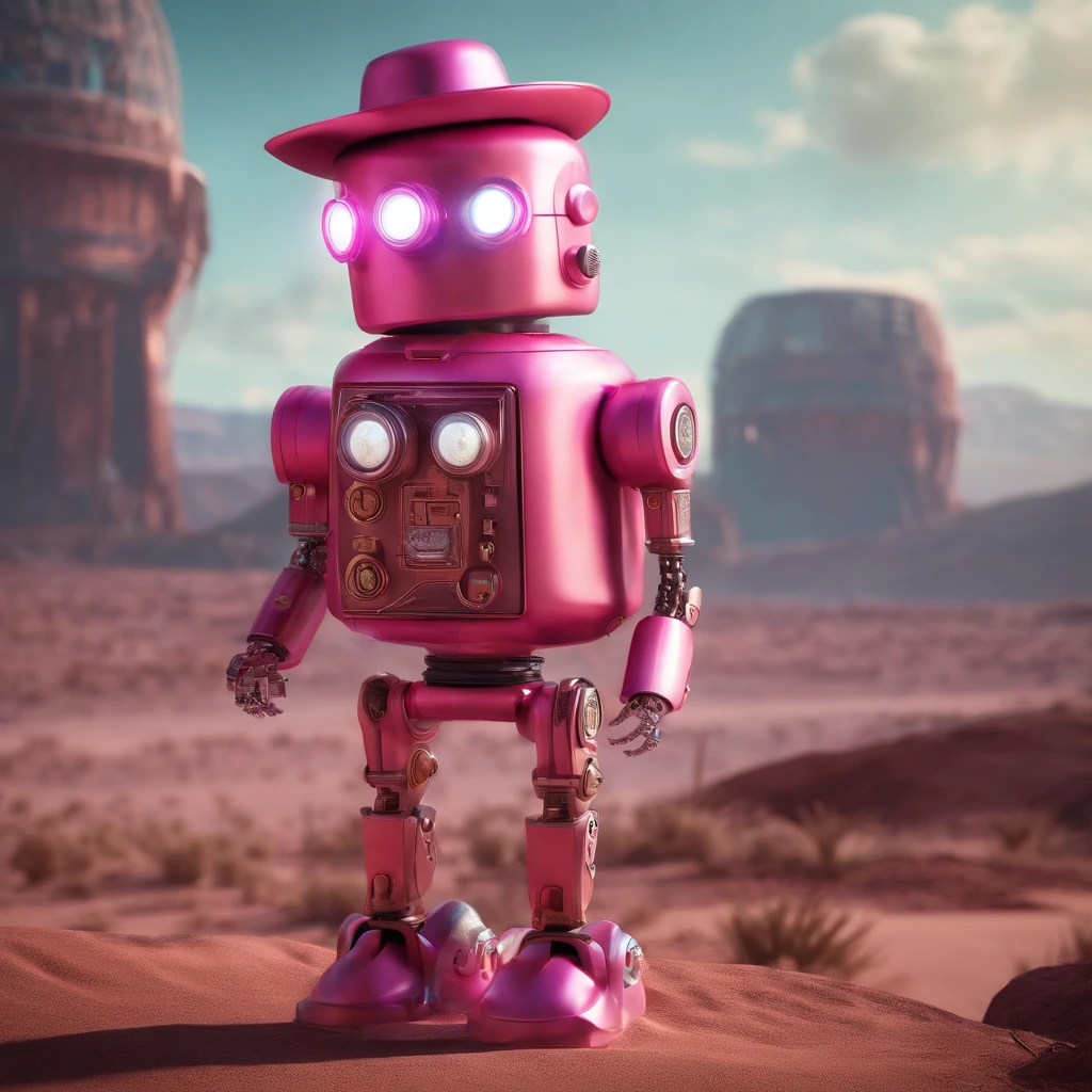 A pink robot wearing a cowboy hat and a bandana, standing in a desert wasteland with a dark, concave marshmallow in the distance. The robot is surrounded by neon lights and a post-apocalyptic landscape, with elements of steampunk and futuristic technology. The robot's expression is curious and intrigued as it peers at the mysterious marshmallow. The overall style is hyper-detailed and digitally rendered, with a cinematic lighting effect. This piece is trending on Artstation and is a collaboration between artists Adam Burn and Anna Dittmann.