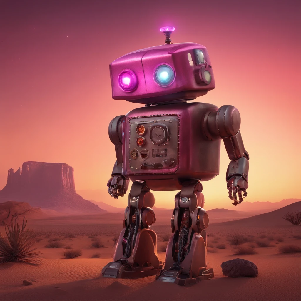 A pink robot wearing a cowboy hat and a bandana, standing in a desert wasteland with a dark, concave marshmallow in the distance. The robot is surrounded by neon lights and a post-apocalyptic landscape, with elements of steampunk and futuristic technology. The robot's expression is curious and intrigued as it peers at the mysterious marshmallow. The overall style is hyper-detailed and digitally rendered, with a cinematic lighting effect. This piece is trending on Artstation and is a collaboration between artists Adam Burn and Anna Dittmann.