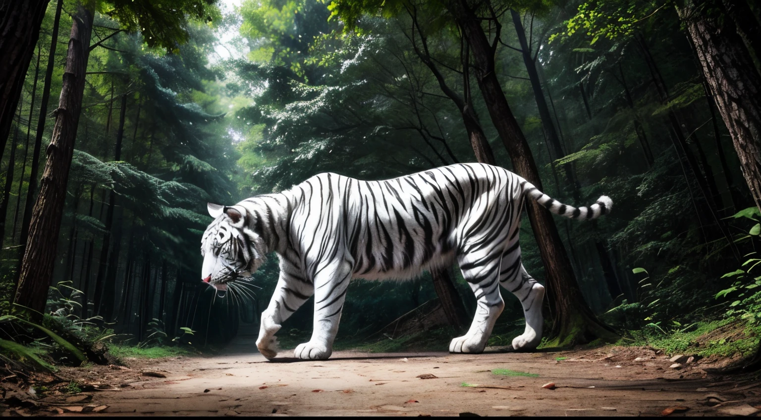 white tiger in a forest, full body shot