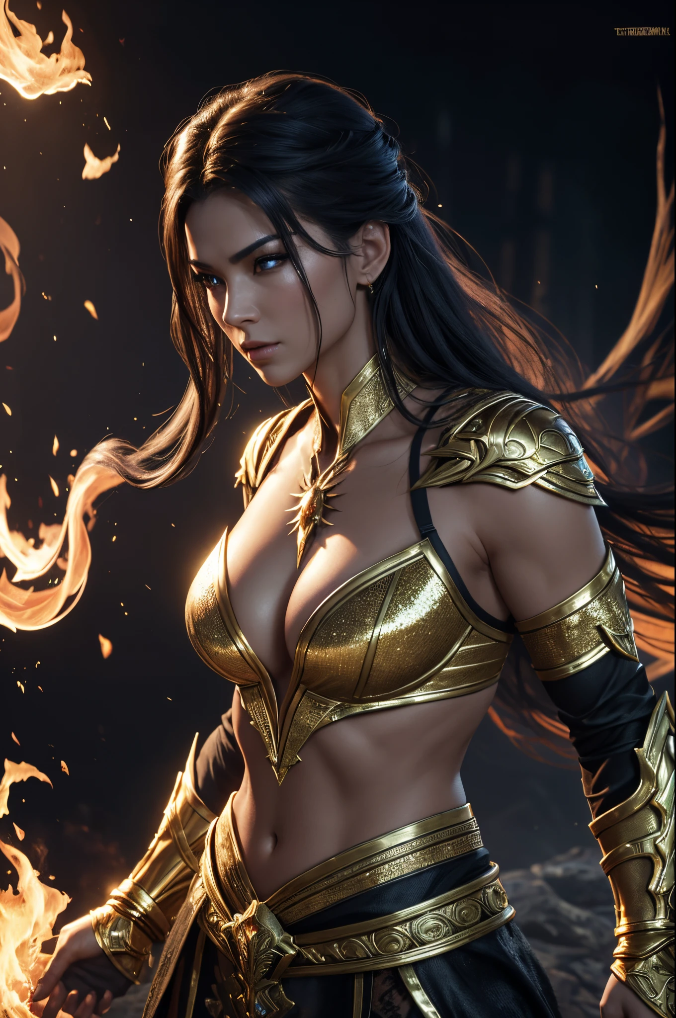 8K,cinematic wonder:Mortal Kombat's scorpion shines in ultra-realistic glory in Unreal Engine 5、femele、cleavage of the breast、sideboob barbosa、Sparkling with intricate golden threads and luxuriously textured fabrics、Decorated with glittering modern royal costumes。His eyes shine like flames、Emit an ethereal glow while wielding flames in legendary battles.、Creates an enchanting spectacle of power and elegance。From the fiery threads of the mane、Even the smoke like air swirling around him、Cada detalhe is captured in stunning ultra-high definition 8K detail、It will take you to a realm where myth and reality intertwine.。超A high resolution,super realistic skin,