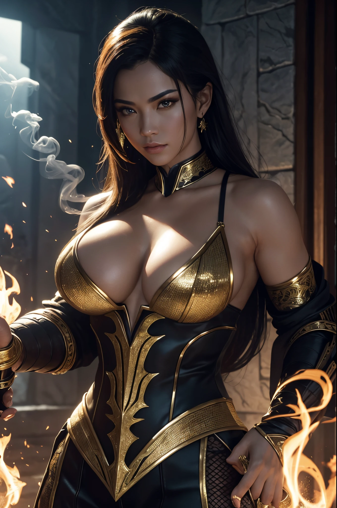 8K,cinematic wonder:Mortal Kombat&#39;s scorpion shines in ultra-realistic glory in Unreal Engine 5、femele、cleavage of the breast、sideboob barbosa、Sparkling with intricate golden threads and luxuriously textured fabrics、Decorated with glittering modern royal costumes。His eyes shine like flames、Emit an ethereal glow while wielding flames in legendary battles.、Creates an enchanting spectacle of power and elegance。From the fiery threads of the mane、Even the smoke like air swirling around him、Cada detalhe is captured in stunning ultra-high definition 8K detail、It will take you to a realm where myth and reality intertwine.。超A high resolution,super realistic skin,