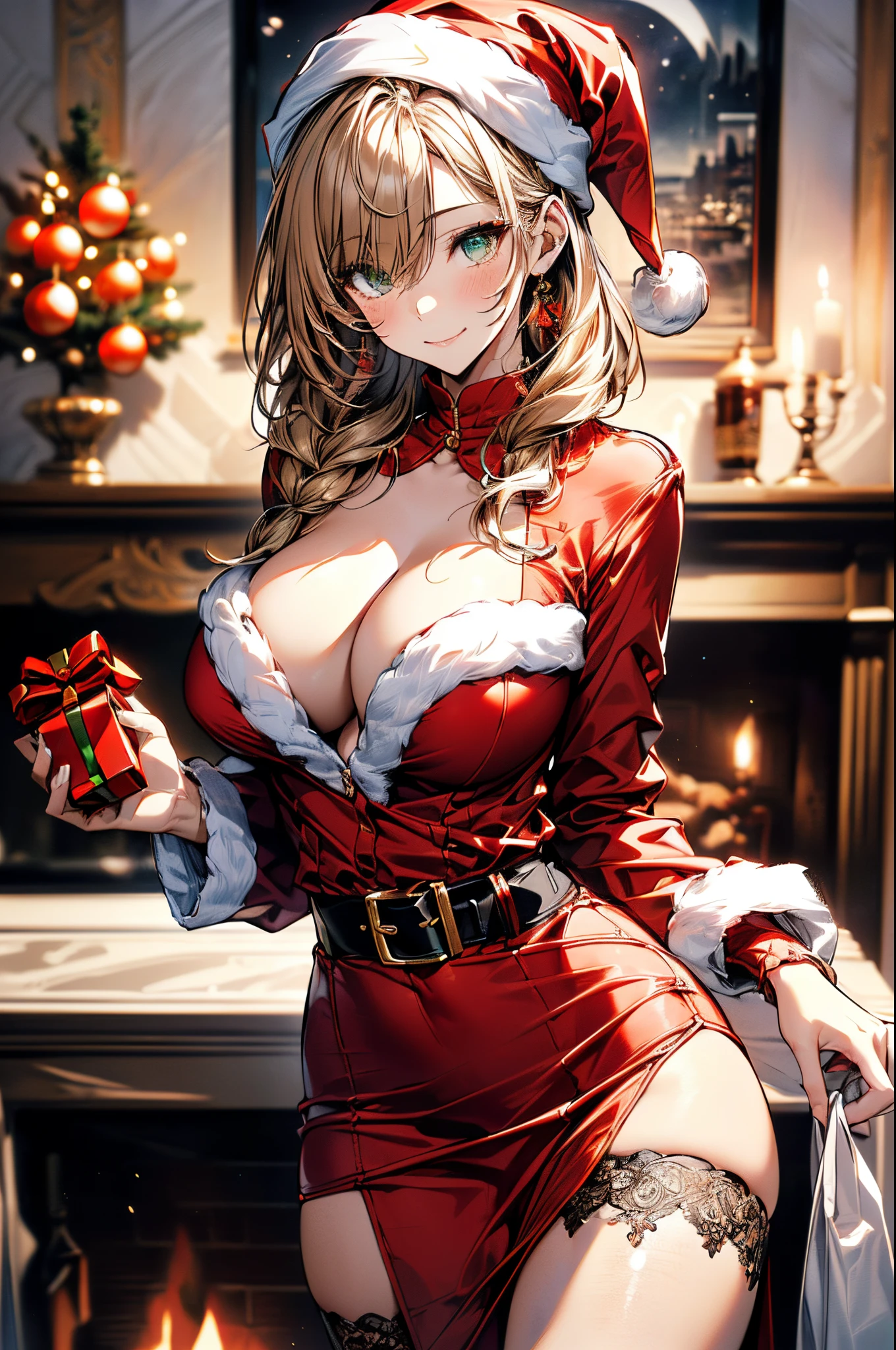 (Conceptual image board:1.3), ((matured girl wearing Sexy Santa clause costume with far:1.3, red dress with green, holding a present box in both hands to give viewers:1.2, close to viewers:1.2)), a matured woman with long black hair and a red outfit, red winter coat with bore, scarfs, green ribbon tie, knee length long boots, red and green winter outfits, holding present box with wrapping by ribbon:1.5, Christmas tree decorated with many ornaments:1.2, white bags on a sled, wearing red pencil skirt, Arabic, bodyesbian, fine details, beautiful anime illustration, 28 years old, (milf:1.3), (solo:1.5), (sfw:1.25), (sagging breast, fuge breasts, big tits, thin waist, big ass:1.2), Raised sexy, (dark mahogany medium short hair, updo, hair over one eye, asymmetric hair, Carly hair, low tied braids), (musulman, white Headscarfs, hair bands, head vandage, Turban), (ultra high resolution, 8K RAW photo, photo realistics, thin outline:1.3, clear focus), best qualtiy, cinematic lighting, textile shading, blurry back ground, field of depth, bokeh, (Bright pupils, fine detailed beautiful eyes with highlight:1.3, super detailed eyes, high detailed face), Red lip, fine realistic skins:1.1, looking at viewers:1.3, (dynamic angle:1.3, full body:1.3, front view:1.1, tigh focus:1.3, from below:1.2), (dynamic posing:1.5, sexy posing:1.2, sitting with holding knees:1.3, leaning forward:1.2), (seductive, shy happy smile:1.4), centered image, (wearing red long coat with bore and clothes, ((bare breast:1.37)), gold ornaments, rolling red clothes around waist, dark red long leather boots:1.3, translucent white lace pantyhose), (((correct anatomy:1.5, perfect hands:1.5, ideal ratio body proportions:1.37))), (in a night:1.3), (indoors:1.2, in front of a fireplace:1.3),