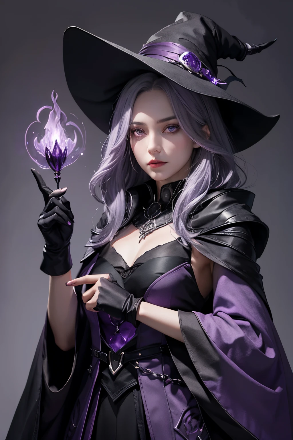 Female sorceress,grey hair,long hair,black and dark violet hat,purple eye,dark violet collar,black shoulder cloak,black and dark violet and purple dress and gloves