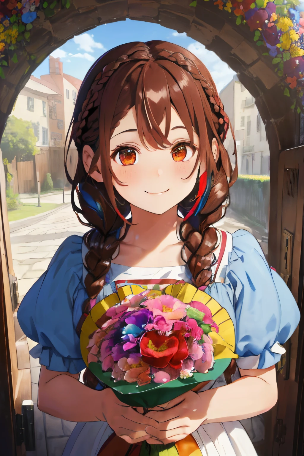 fluffy hair,dark brown hair,((Braided shorthair)),Slightly red tide,((Brown eyes)),((extra large colorful bouquet)),(Arched gate decorated with colorful flowers),A building shaped like a birdcage,((Overflowing smiles)),(((close up of face))),((Her chest is wide open and you can see her cleavage.)),((NSFW)),