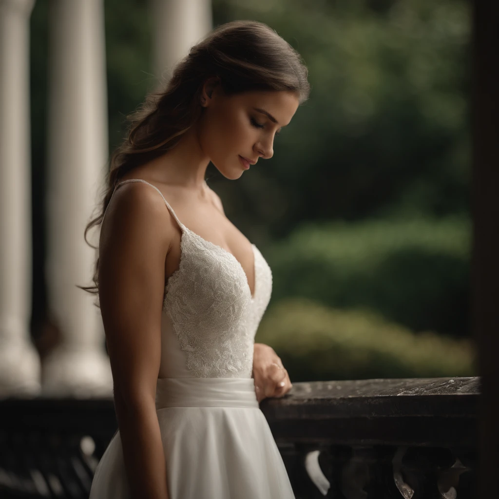 Woman with sculptural body is outside a church sitting on ground with legs spreading toward the camera, She's in front of the church ,She has a cheerful face , she's wearing a bridal veil, With and bra.na cor branca, ,nsfw, she's standing staring into the camera, She's looking into the camera and putting one hand on her waist., Realistic image in 4K resolution