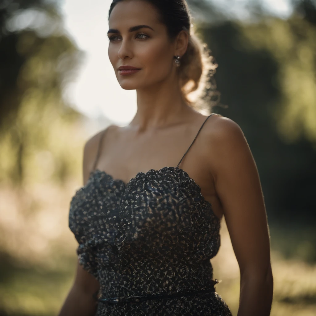 Perfil de Beleza Sutil: Explore uma delicadeza do perfil 3/4, revealing shoulders and face considerations. Accentuate facial details and posture to create a composition that highlights the natural beauty of the female figure."