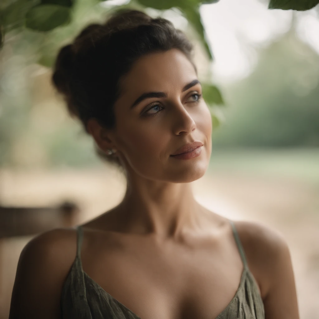 Perfil de Beleza Sutil: Explore uma delicadeza do perfil 3/4, revealing shoulders and face considerations. Accentuate facial details and posture to create a composition that highlights the natural beauty of the female figure."