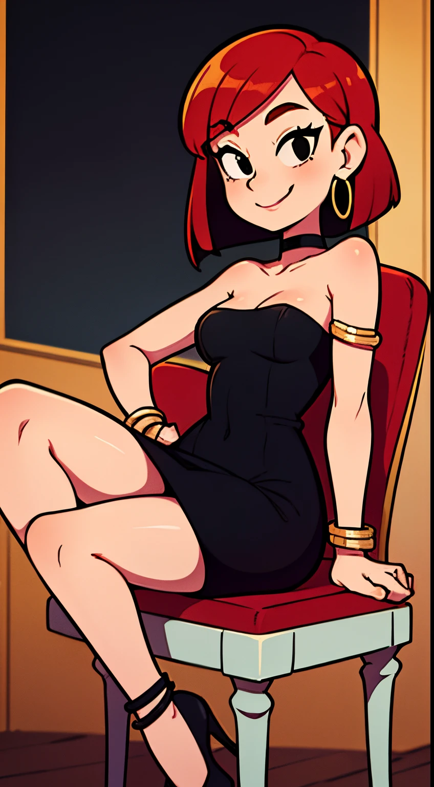 FrankieFoster, FostersStyle, 1 girl, teenage, short red hair, medium hair, bob hair, black eyes, smile, little black dress, strapless dress, bodycon skin-tight dress, choker, gold hoop earrings, gold bracelet, black high heels, fancy hotel, sitting pose, on a chair.