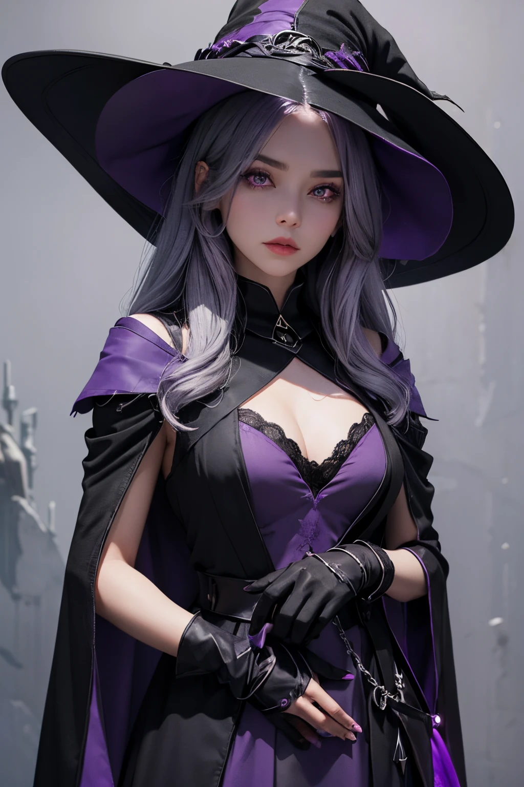 Female sorceress,grey hair,long hair,black and dark violet hat,purple eye,dark violet collar,black shoulder cloak,black and dark violet and purple dress and gloves