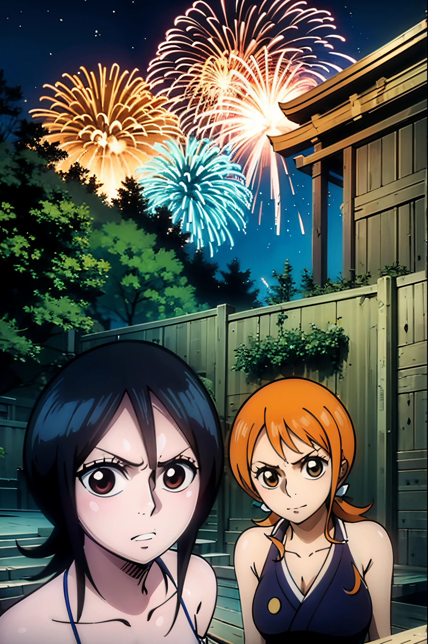 Rukia Kuchki (Left side) and Nami (Right side)), (2 girls), 2 girls standing together, looking at viewer, stairs, japanese temple, mountain, forest, (night), star, hanabi, fireworks, stars, masterpiece